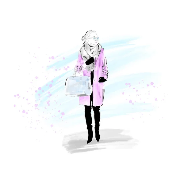 Стильна дівчина в зимовому пальто, шарф і з сумкою. Дівчина хіпстер. Намальовано вручну. Вектор. ЕПС 10 — стоковий вектор