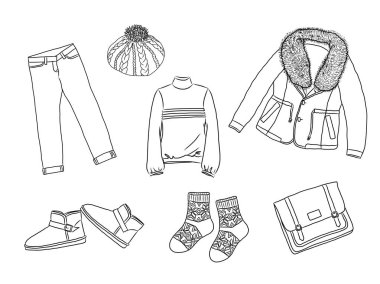 Vektör şık moda kümesi womans sonbahar, ilkbahar veya kış giysileri ve aksesuarları. Ceket, jumper, bere, çanta, çorap, kot pantolon ve önyükleme ile rahat siluet kıyafeti