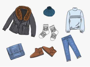 Vektör şık moda kümesi womans sonbahar, ilkbahar veya kış giysileri ve aksesuarları. Ceket, jumper, bere, çanta, çorap, kot pantolon ve önyükleme ile rahat renkli kıyafet