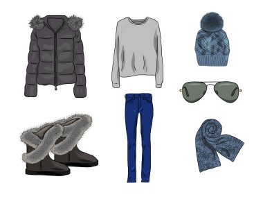 Vektör şık moda kümesi womans sonbahar, ilkbahar veya kış giysileri ve aksesuarları. Ceket, jumper, kap, makara, eşarp, kot pantolon ve önyükleme ile rahat renkli kıyafet.