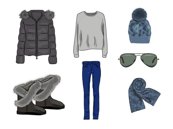 Vector välklätt mode uppsättning Damjacka höst, vår eller vinterkläder och accessoarer. Casual färgglad outfit med jacka, jumper, cap, porslin, halsduk, jeans och boot. — Stock vektor