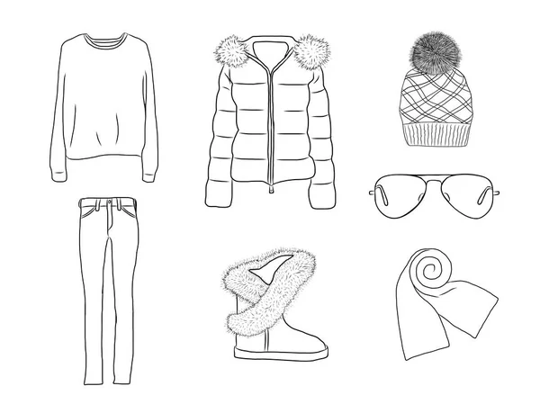 Vector stijlvolle mode set dames herfst, voorjaar of winterkleren en accessoires. Casual zwarte en witte outfit met jas, trui, cap, bedjes, sjaal, jeans en boot. — Stockvector