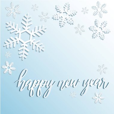 Kış tatil arka plan ile kar taneleri, el yazı ifade mutlu yeni yıl. Noel sezonu illüstrasyon, kartpostal, vektör Eps 10