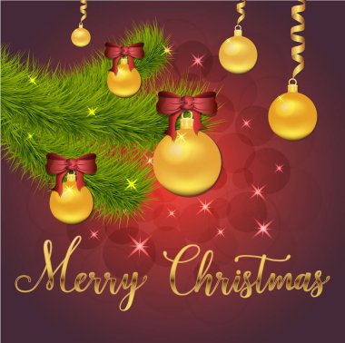 Noel süslemeleri, topları, ladin dalı, el yazısı neşeli noel, afiş, afiş ile Yıldız ve kırmızı arka plan üzerinde ışıltılar Brilliant Vektör illüstrasyon. Eps 10