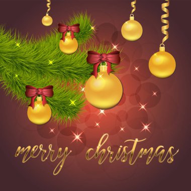Noel süslemeleri, topları, ladin dalı, el yazısı neşeli noel, afiş, afiş ile Yıldız ve kırmızı arka plan üzerinde ışıltılar Brilliant Vektör illüstrasyon. Eps 10