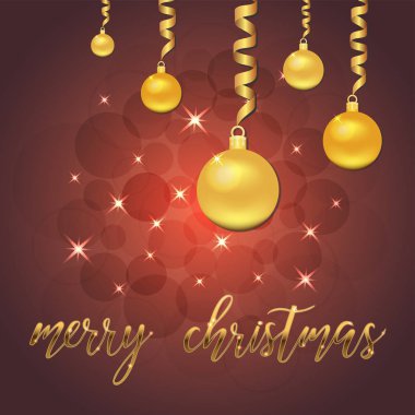 Yıldız Brilliant Vektör illüstrasyon ve kırmızı arka plan üzerinde ışıltılar, Noel süslemeleri, topları, el yazısı neşeli noel, tebrik, afiş, poster, kartpostal ile. Eps 10