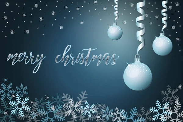 冬の休日の背景雪とクリスマスのボールに レタリングを手フレーズ メリー クリスマス クリスマス ベクトル イラスト ポストカード Eps — ストックベクタ