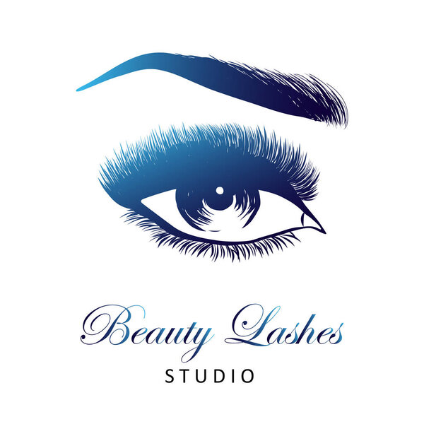 Lady stylish opened eye and brows with full lashes, beautiful sexy women eyes makeup. Beauty lashes studio logo. EPS 10