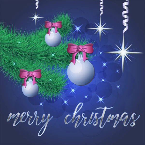 クリスマスの装飾 ボール スプルースブランチ 手のレタリングメリークリスマス バナー ポスターで 青い背景に星と輝きの華麗なベクトルイラスト エプス — ストックベクタ