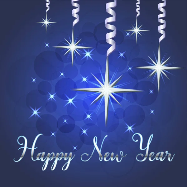 Yıldız Brilliant Vektör illüstrasyon ve mavi arka plan üzerinde ışıltılar, Noel süslemeleri, topları, el yazısı mutlu yeni yıl, tebrik, afiş, poster, kartpostal ile. Eps 10