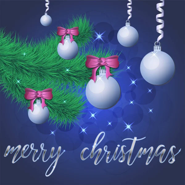 クリスマスの装飾 ボール スプルースブランチ 手のレタリングメリークリスマス バナー ポスターで 青い背景に星と輝きの華麗なベクトルイラスト エプス — ストックベクタ