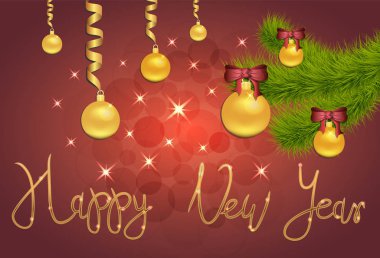 Yıldız ve pırıltılar Noel süsleri, topları, Ladin şube, el yazı mutlu yeni yıl, fond kış tatilleri, afiş, poster için kırmızı zemin üzerine parlak vektör çizimi. EPS 10