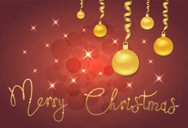 Noel süslemeleri, topları, ladin dalı, el yazısı neşeli noel, afiş, afiş ile Yıldız ve kırmızı arka plan üzerinde ışıltılar Brilliant Vektör illüstrasyon. Eps 10