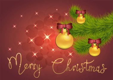Noel süslemeleri, topları, ladin dalı, el yazısı neşeli noel, afiş, afiş ile Yıldız ve kırmızı arka plan üzerinde ışıltılar Brilliant Vektör illüstrasyon. Eps 10