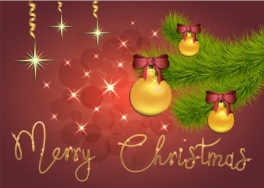 Noel süslemeleri, topları, ladin dalı, el yazısı neşeli noel, afiş, afiş ile Yıldız ve kırmızı arka plan üzerinde ışıltılar Brilliant Vektör illüstrasyon. Eps 10