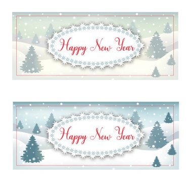 Metin kış zemin kar taneleri, çam ağacı, tebrik, kartları, reklam, hediyeler, ambalaj, afiş, davetiye üzerine yazı kırmızı parlak Happy New Year fırça ile vektör kartpostal. EPS 10