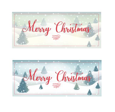 Vector postcard with red Bright Merry Christmas brush lettering text on winter background with snowflakes, fir-trees, for greetings, cards, advertising, gifts, packaging, banners, invitations. EPS 10