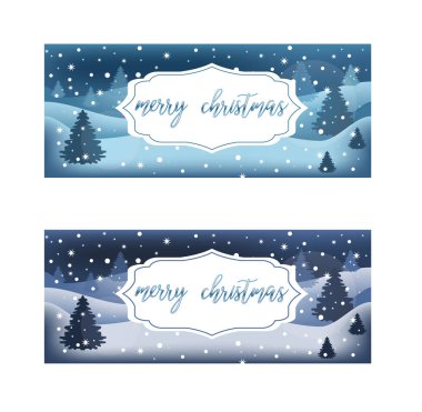 Vector postcard with Bright Merry Christmas brush lettering text on winter background with snowflakes, fir-trees, for greetings, cards, advertising, gifts, packaging, banners, invitations. EPS 10