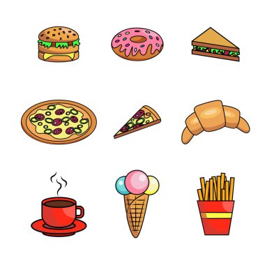 Fast food Icons set. İzole çizburger hamburger, sandviç ve pizza, çörek, kahve içmek, dondurma ve patates fastfood menü için vektör