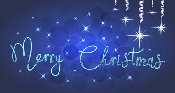 星とクリスマスの装飾 ボールと 青色の背景色の上で輝きの華麗なベクトル イラスト手レタリング メリー クリスマス 好きな冬の休日 はがき Eps — ストックベクタ