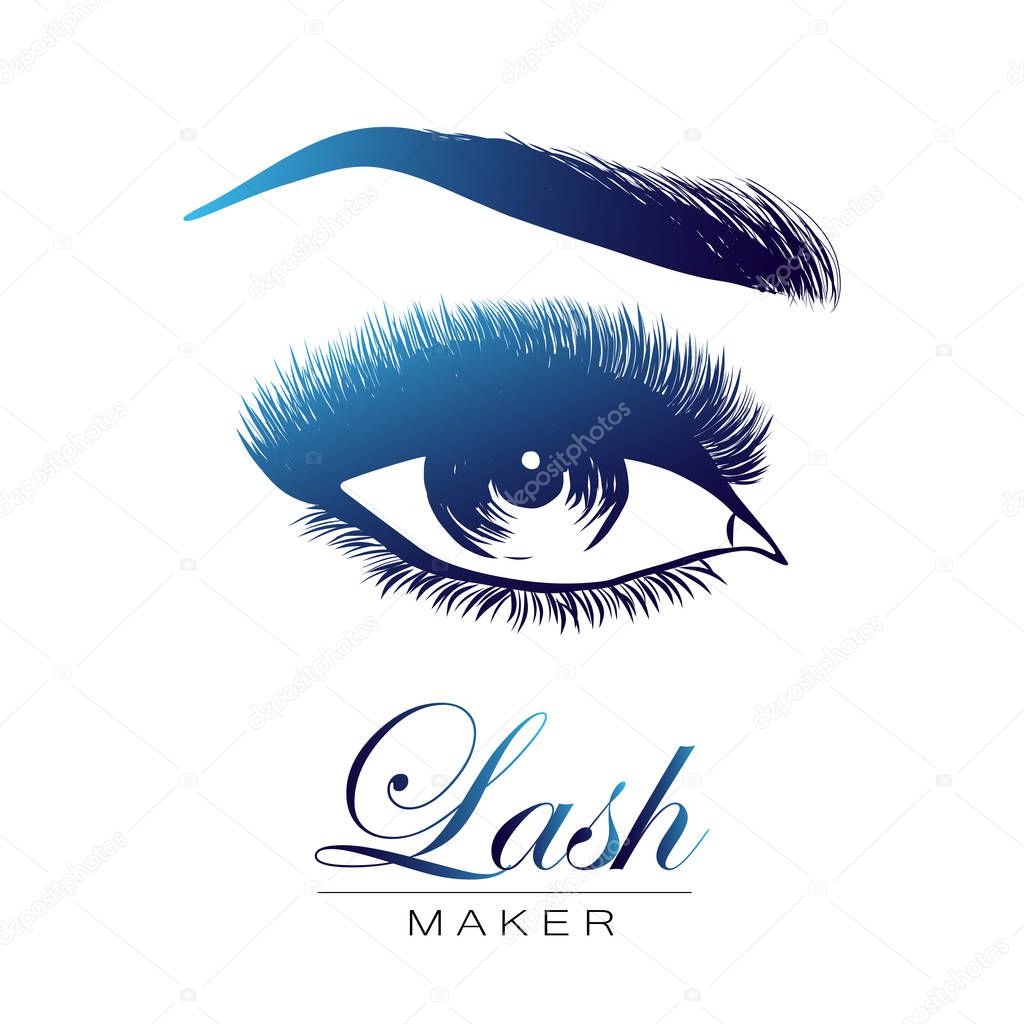 Lady stylish opened eye and brows with full lashes, beautiful sexy women eyes makeup. Lash maker logo. EPS 10