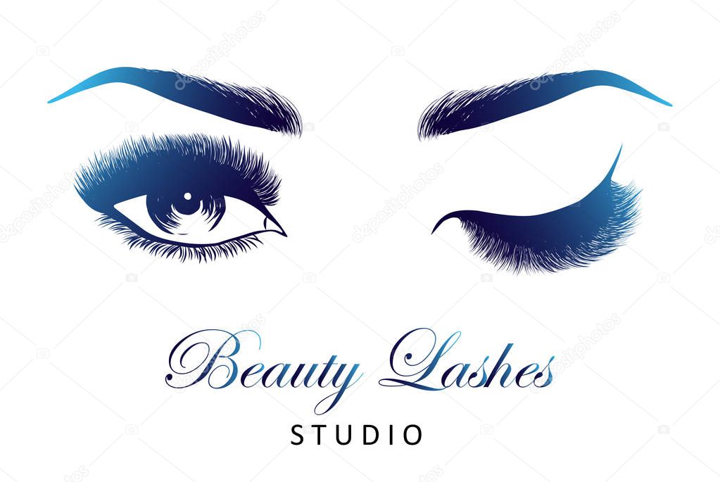 Lady stylish opened eye and brows with full lashes, beautiful sexy women eyes makeup. Beauty lashes studio logo. EPS 10