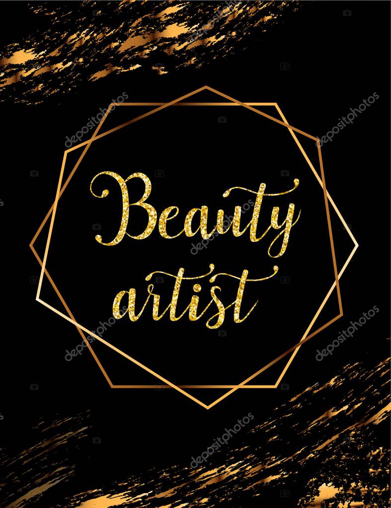 Beauty artist vector poster with gold crystal glare headline, Beauty artist logo, banner for beauty master, signboard