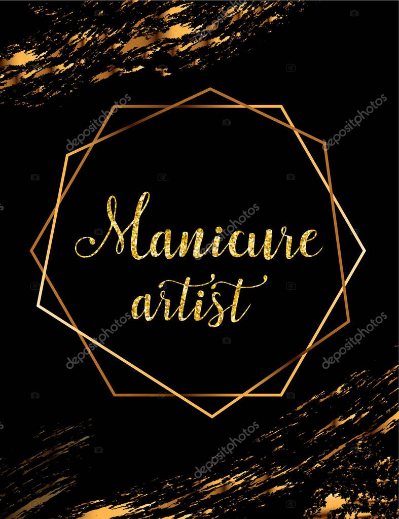 Manicure vector poster with gold crystal glare headline, manicure artist logo, banner for beauty master, signboard