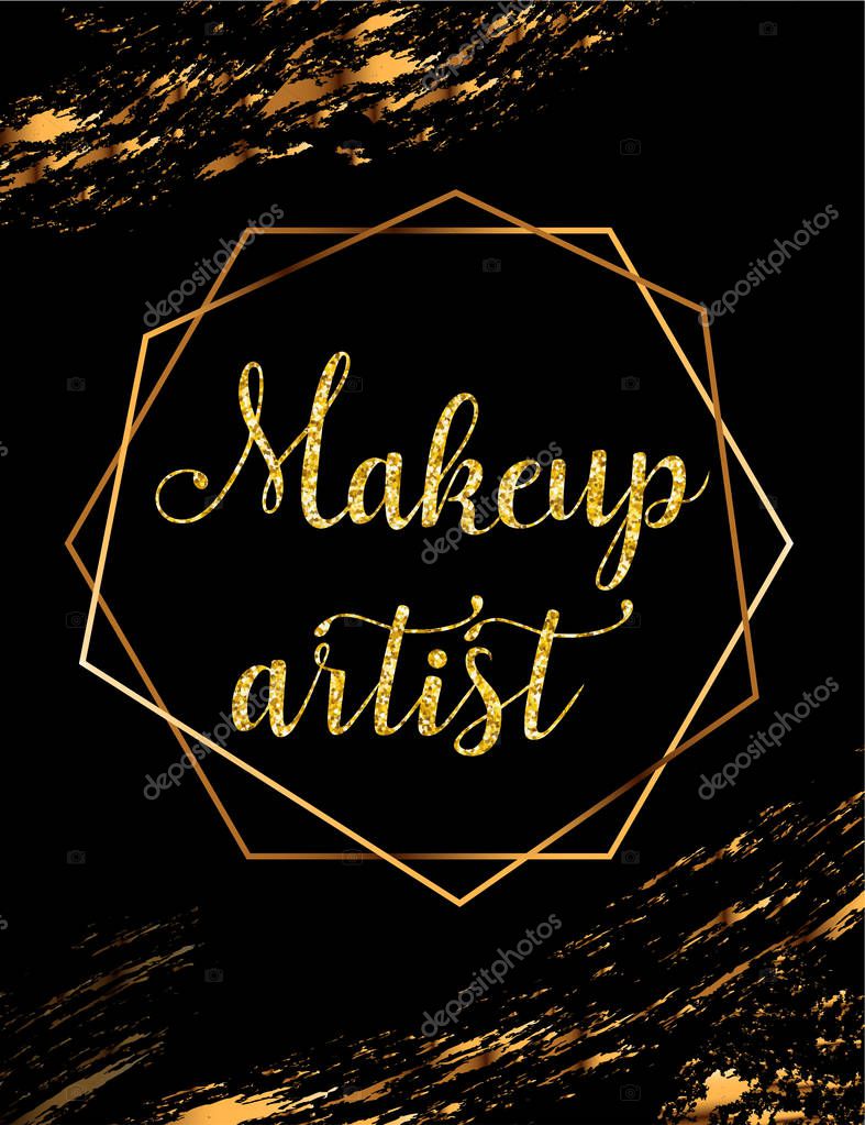 Fashion party vector poster with gold crystal glare headline, Makeup artist logo, banner for beauty master, signboard
