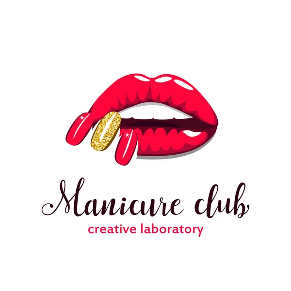Güzel kız ile parlak kırmızı dudaklar ve manikür club yazı ile altın manikür çivi. Güzellik Logo, afiş, poster. Vektör çizim, Eps 10