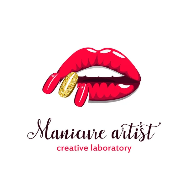 Mooi Meisje Lips Met Heldere Rode Gouden Manicure Nagels Met — Stockvector