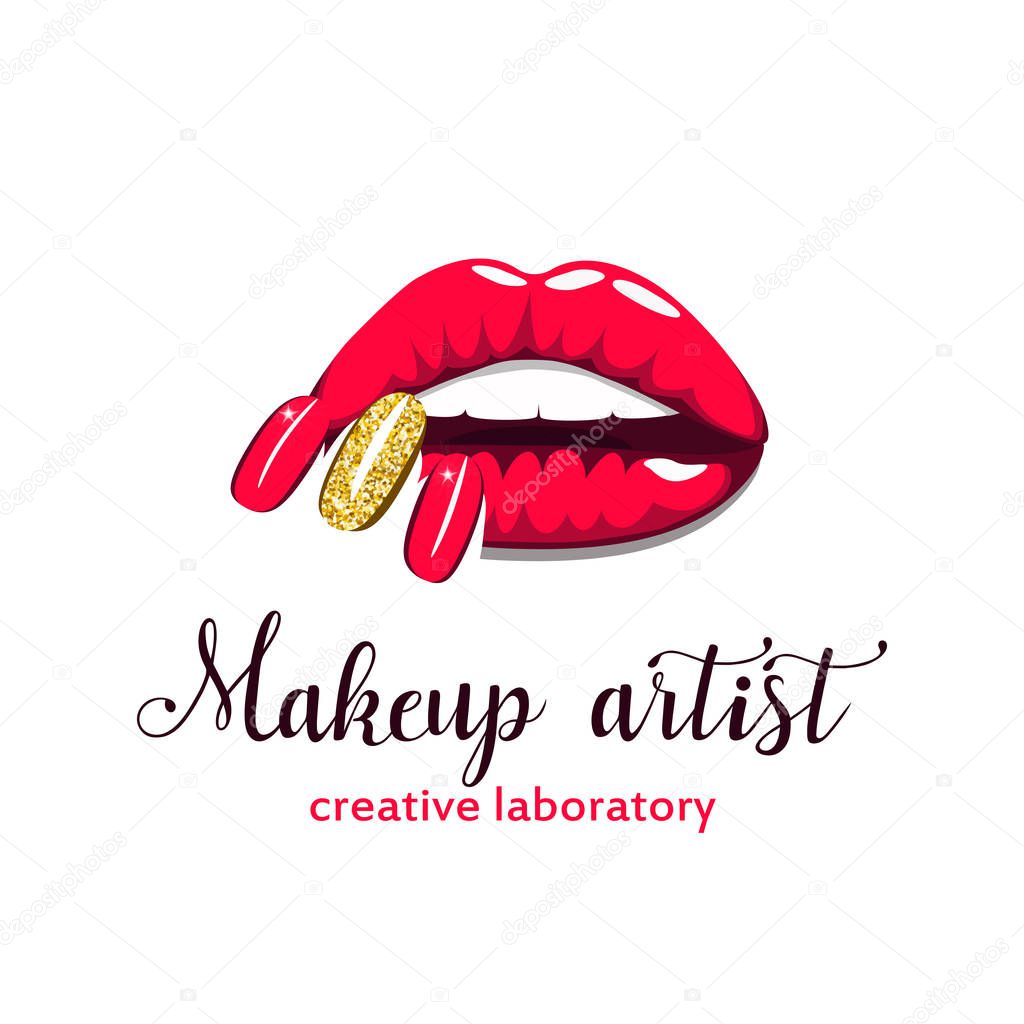 Beautiful girl lips with bright red and gold manicure nails with lettering Makeup artist. Beauty Logo, banner, poster. Vector illustration, EPS 10