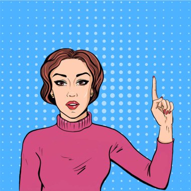 Kız işaret parmağını. pop art, reklam, bir şeye dikkat kız tarzı arka plan