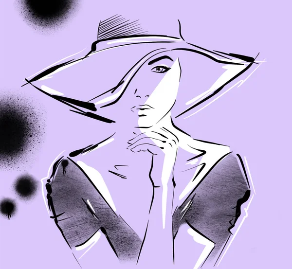 Hand drawn beautiful young woman in dress and big hat. Stylish girl, Sketch. Ultraviolet