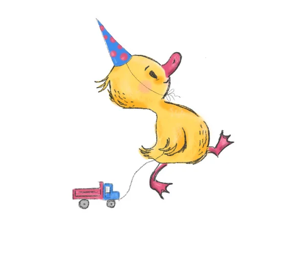 Mevcut makine, karakter, tebrik kartı, afiş, poster, illüstrasyon ile sevimli küçük ördek