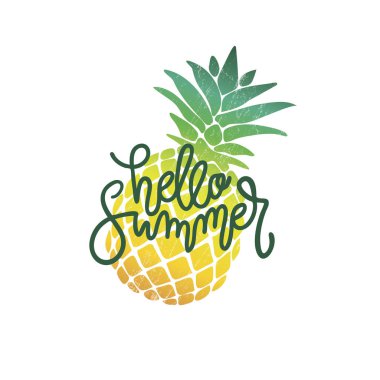 Vektör kaligrafi illüstrasyon Ananas simgesi ile Merhaba yaz. Yazı tipografisi posteri.