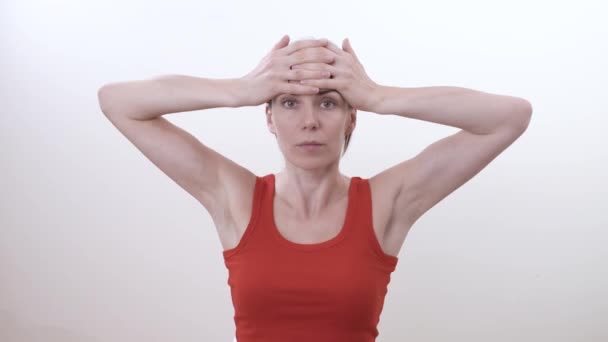 Portrait Brunette Woman Doing Strengthening Exercise Improve Area Chin Neck — Stock Video