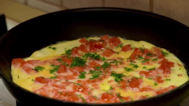 Ovos mexidos numa frigideira cozinhados no fogão. Fechar . — Vídeo de Stock