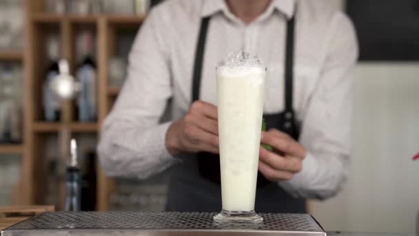 Detail z rukou pohledný mladý barman dokončovací výrobu pinňa colada koktejl v baru čítač. — Stock video