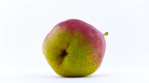 One pear lies on the side and rotating on the turntable. Isolated on the white background. Close up. Macro. — Stock Video