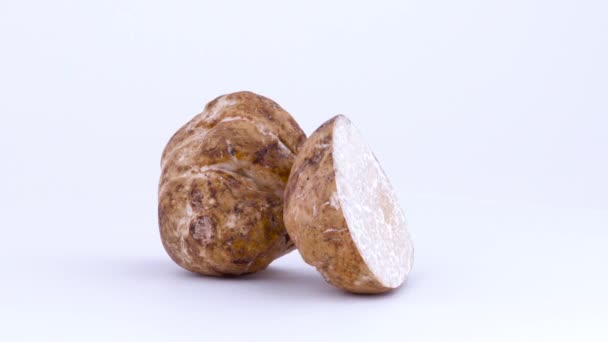 Deux grandes moitiés de champignons de truffe blanche tournent sur la plaque tournante isolée sur le fond blanc. Gros plan. Macro . — Video
