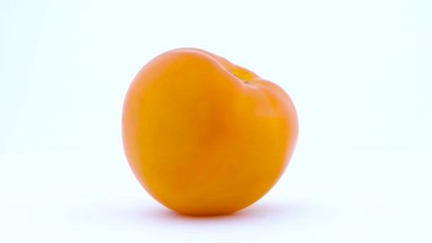 Une grosse tomate jaune entière tourne sur la plaque tournante isolée sur le fond blanc. Gros plan. Macro . — Video