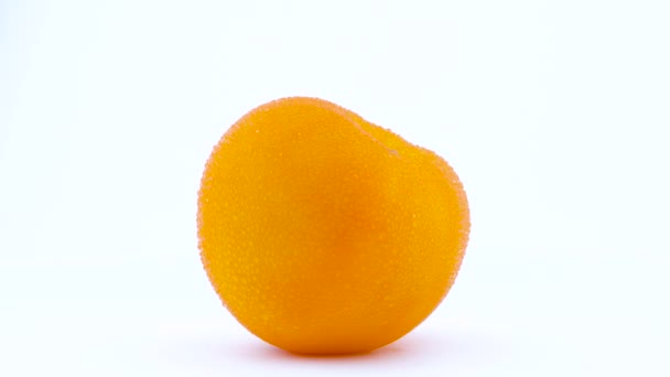 Un tomate amarillo grande con gotas de agua gira sobre el plato giratorio aislado sobre el fondo blanco. Primer plano. Macro . — Vídeos de Stock