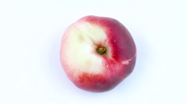 One whole flat peach. Rotates on the turntable. Isolated on the white background. Close-up. Macro. — Stock Video