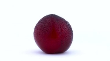 Bütün mor maynard su ile Erik bir pikap üzerinde dönen bırakır. Beyaz arka plan üzerinde izole. Portre. Makro.