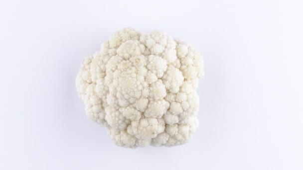 Top view from above of a one white cauliflower. Rotating on the turntable isolated on the white background. Close-up. Macro. — Stock Video
