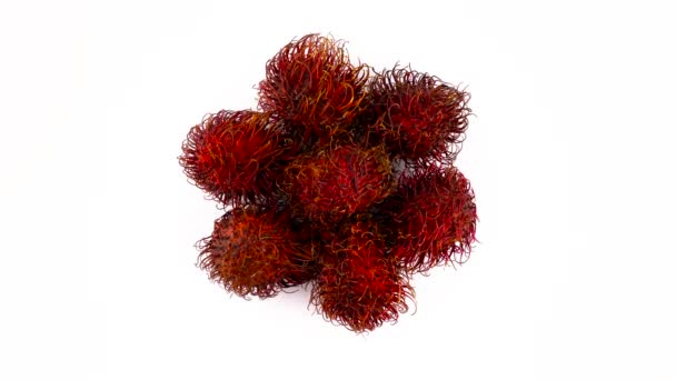 Draufsicht von oben auf einen Haufen roter Rambutan-Früchte. Langsam rotierend auf der Drehscheibe, isoliert auf weißem Hintergrund. Nahaufnahme. Makro. — Stockvideo