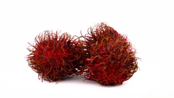 Tre röda färgen rambutan frukt. Roterande på skivtallriken isolerat på den vita bakgrunden. Närbild. Makro. — Stockvideo
