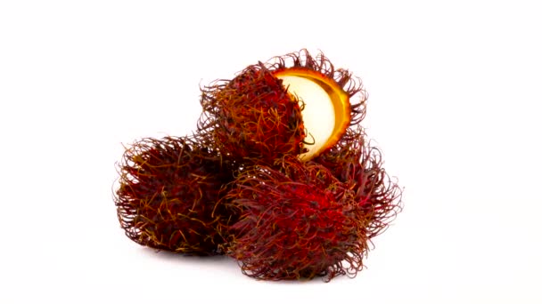 Tre hela röd färg rambutan frukt och en skalade rambutan. Roterande på skivtallriken isolerat på den vita bakgrunden. Närbild. Makro. — Stockvideo