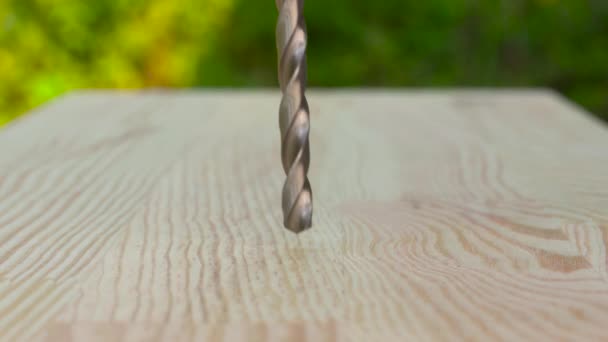 Closeup of a drill bit drilling a hole in a wooden plank. Outdoors. Copy space. — Stock Video